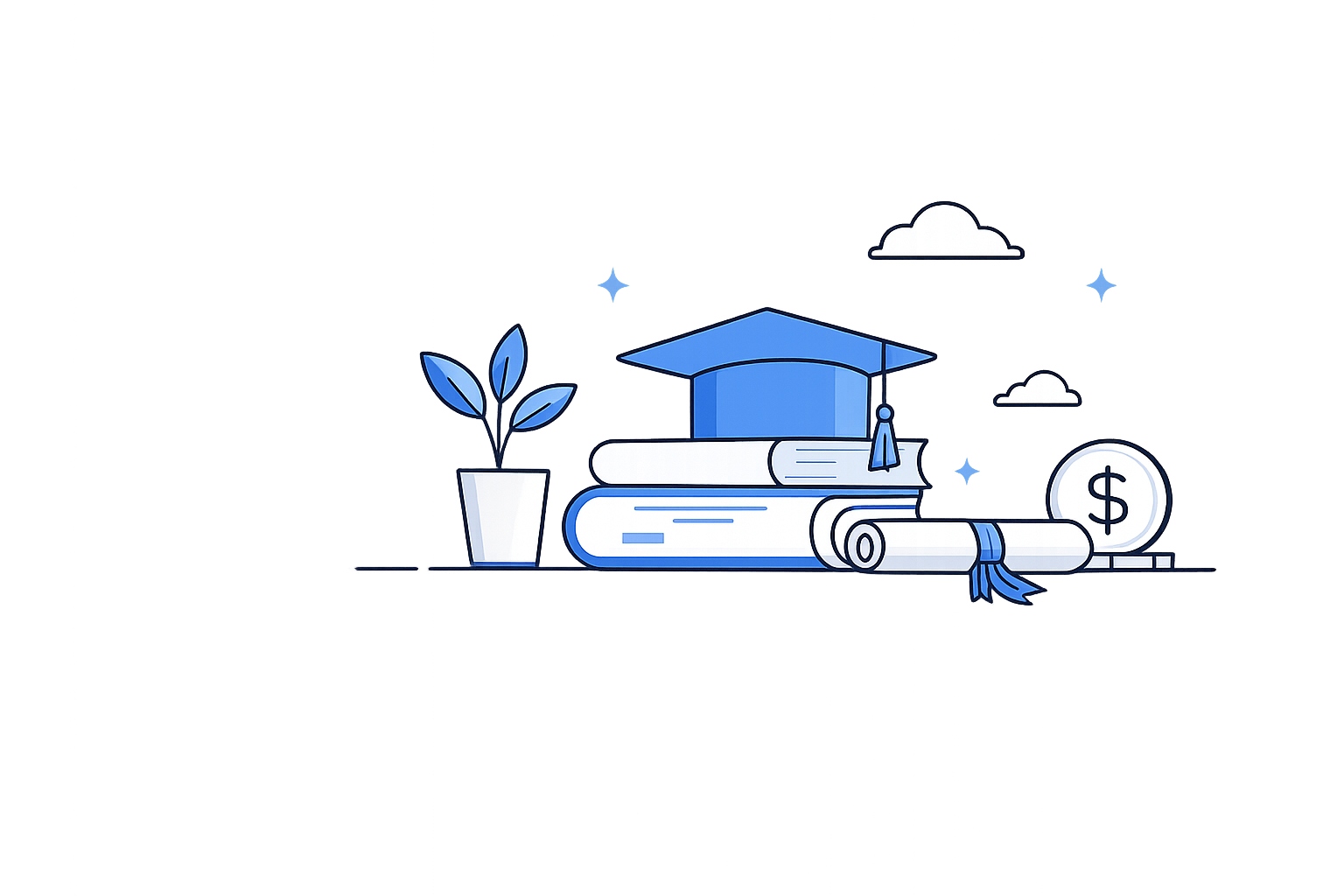 Scholarship illustration with a graduation cap, books, diploma, and coin